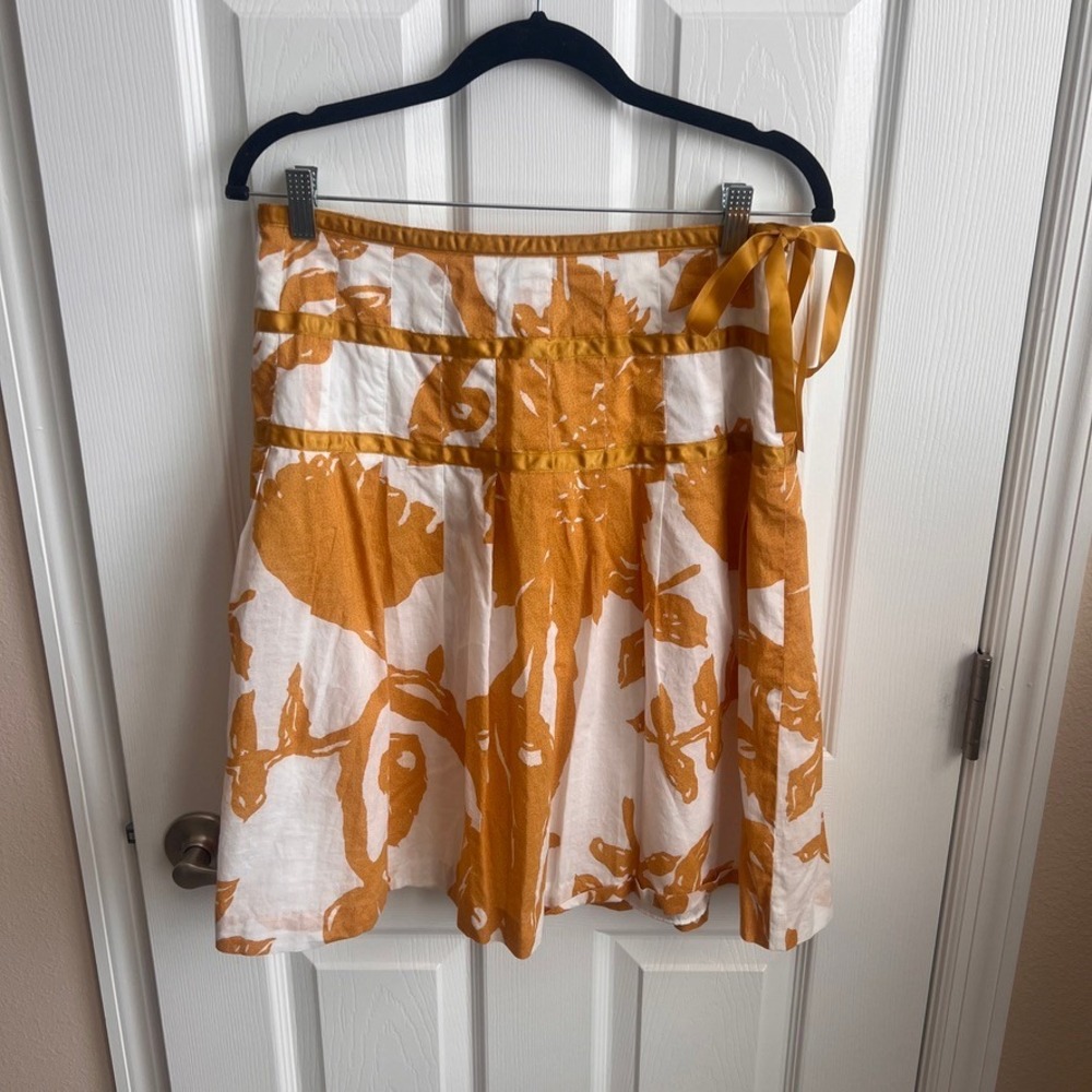 GAP Women Size 6 Mustard Yellow‎ Floral Print A-Line Skirt with Ribbon Detail